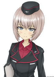 Rule 34 | 1girl, absurdres, alternate hair length, alternate hairstyle, artist name, black hat, black jacket, blue eyes, clipboard, closed mouth, commentary, dated, dress shirt, garrison cap, girls und panzer, hat, highres, holding, holding clipboard, insignia, itsumi erika, jacket, kuromorimine military uniform, light smile, long sleeves, looking at viewer, military, military hat, military uniform, red shirt, shirt, short hair, silver hair, simple background, solo, tonan leopard, uniform, upper body, white background, wing collar