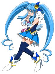 Rule 34 | 1girl, absurdres, blue bow, blue eyes, blue hair, blue skirt, blue thighhighs, blue vest, bow, cure princess, earrings, ebura din, floating hair, full body, hair between eyes, hair bow, happinesscharge precure!, highres, jewelry, long hair, miniskirt, parted lips, pleated skirt, precure, simple background, skirt, solo, thighhighs, twintails, very long hair, vest, white background, white footwear, zettai ryouiki