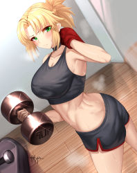 Rule 34 | 1girl, alternate breast size, blonde hair, blush, choker, crop top, dolphin shorts, dumbbell, exercising, fate/grand order, fate (series), floor, green eyes, highres, kisaragi tsurugi, mordred (fate), mordred (fate/apocrypha), muscular, muscular female, shorts, sweat, towel, wall, weightlifting