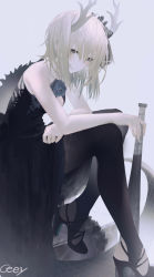 Rule 34 | 1girl, antlers, artist name, baseball bat, black dress, black footwear, black pantyhose, blue flower, blue rose, blush, breasts, ceey, closed mouth, dragon horns, dragon tail, dress, expressionless, eyebrows hidden by hair, flower, gradient background, grey background, hair between eyes, high heels, highres, holding, holding baseball bat, horn ornament, horn ribbon, horns, kicchou yachie, leaning forward, looking at viewer, medium breasts, pantyhose, ribbon, rose, short hair, simple background, sitting, solo, tail, touhou, turtle shell, yellow eyes