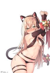 Rule 34 | 1girl, animal ears, armpits, arms up, bad id, bad pixiv id, bare shoulders, bdsm, bell, bikini, black bikini, blonde hair, blush, bound, bound wrists, bow, breasts, cat ears, cat tail, cleavage, closed mouth, cowboy shot, detached sleeves, fake animal ears, frown, girls&#039; frontline, green eyes, groin, headphones, long hair, long sleeves, looking at viewer, medium breasts, navel, nose blush, red bow, ribbon, ribbon bondage, simple background, skindentation, sleeves past wrists, solo, stomach, swimsuit, tail, tail bell, tail bow, tail ornament, thigh strap, tmp (girls&#039; frontline), tsuka, twitter username, white background