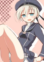Rule 34 | 10s, 1girl, 9law, bad id, bad pixiv id, beret, blue eyes, clothes writing, dress, hat, highres, kantai collection, open mouth, panties, personification, sailor dress, sailor hat, short hair, silver hair, solo, underwear, z1 leberecht maass (kancolle)