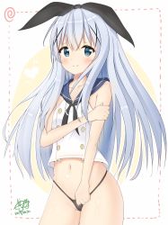 Rule 34 | 1girl, adjusting clothes, adjusting panties, bad id, bad twitter id, bare shoulders, black hairband, black neckerchief, black panties, blue eyes, blue hair, blue sailor collar, blush, closed mouth, collarbone, commentary request, cosplay, cowboy shot, crop top, crossover, dated, flat chest, gochuumon wa usagi desu ka?, groin, hair ornament, hairband, hairclip, hand on own arm, heart, highleg, highleg panties, highres, kafuu chino, kantai collection, light blue hair, long hair, looking at viewer, na na six, navel, neckerchief, no pants, outline, panties, sailor collar, shimakaze (kancolle), shimakaze (kancolle) (cosplay), shirt, sidelocks, signature, sleeveless, sleeveless shirt, solo, spiral, standing, two-tone background, underwear, white outline, white shirt, x hair ornament