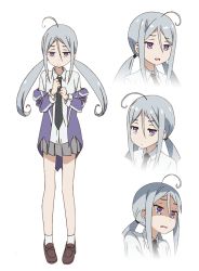 Rule 34 | 1girl, ahoge, collared shirt, hair between eyes, loafers, looking at viewer, maerchen maedchen, molly c quinn, multiple views, necktie, official art, pleated skirt, purple eyes, school uniform, shirt, shoes, silver hair, skirt, tachi-e, transparent background, twintails, white shirt