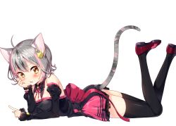 Rule 34 | 1girl, ahoge, animal ears, bare shoulders, black dress, black thighhighs, breasts, cat ears, cat tail, detached sleeves, dress, fangs, flats, from side, grey hair, hair ornament, hand on own cheek, hand on own face, highres, index finger raised, looking at viewer, lying, medium breasts, multicolored hair, on stomach, original, parted lips, pink hair, pink skirt, puffy detached sleeves, puffy sleeves, purple footwear, sakuragi ren, shoes, short dress, short hair, simple background, skirt, solo, streaked hair, tail, thighhighs, thighs, tirol (sakuragi ren), two-tone hair, white background, yellow eyes