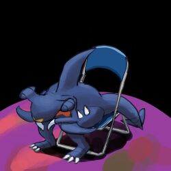 Rule 34 | chair, claws, covering face, creatures (company), depressed, dragon, facing down, folding chair, full body, game freak, gameplay mechanics, garchomp, gen 4 pokemon, head down, highres, hunched over, meme, neon genesis evangelion, nintendo, on chair, parody, pokemon, pokemon (creature), pokemon showdown!, scene reference, shinji in a chair (meme), shuckle (artist), sitting, solo