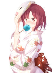 Rule 34 | 1girl, arm up, atelier (series), atelier sophie, bad id, bad pixiv id, blush, breasts, brown eyes, candy apple, character mask, commentary request, cowboy shot, eating, floral print, food, from side, highres, holding, holding food, japanese clothes, kimono, long sleeves, looking at viewer, mask, medium breasts, numpopo, parted bangs, plachta, print kimono, red hair, short hair, side ponytail, sidelocks, simple background, solo, sophie neuenmuller, standing, white background, white kimono, wide sleeves, yukata, | |