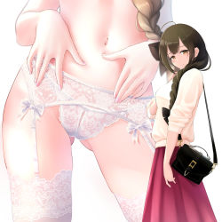Rule 34 | 1girl, ahoge, bag, black bow, bow, braid, breasts, brown eyes, brown hair, closed mouth, contrapposto, from side, garter belt, gluteal fold, hair bow, handbag, highres, idolmaster, idolmaster shiny colors, kuwayama chiyuki, long skirt, long sleeves, looking at viewer, looking to the side, medium breasts, multiple views, navel, panties, panty focus, pink skirt, puriketsu corgy, shoulder bag, simple background, single braid, skirt, smile, stomach, sweater, thighhighs, underwear, underwear only, white background, white panties, white thighhighs, yellow sweater