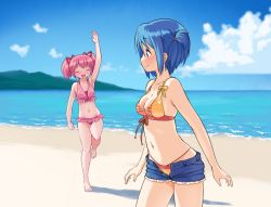 Rule 34 | 2girls, :d, ^ ^, arm at side, arm up, arms at sides, bare arms, bare legs, bare shoulders, barefoot, beach, bikini, bikini under clothes, blue eyes, blue hair, blue sky, blurry, blurry background, blush, breasts, cleavage, closed eyes, closed mouth, cloud, collarbone, day, denim, denim shorts, flying sweatdrops, gloamy, hair ribbon, highres, kaname madoka, kaname madoka (swimsuit costume), looking at another, mahou shoujo madoka magica, medium breasts, miki sayaka, miki sayaka (swimsuit costume), multiple girls, navel, ocean, open clothes, open fly, open mouth, open shorts, outdoors, pink hair, ribbon, running, short hair, shorts, side ponytail, sidelocks, sky, smile, standing, stomach, strap gap, swimsuit, thighs, two side up, unbuttoned, water, waving, |d