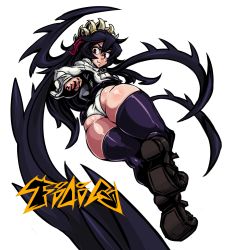 Rule 34 | 1girl, :t, ass, bad id, bad pixiv id, black hair, black thighhighs, blush, breasts, character name, english text, extra mouth, filia (skullgirls), from behind, futakuchi-onna, highres, large breasts, loafers, long hair, long tongue, miniskirt, navel, open mouth, panties, pantyshot, plump, pout, prehensile hair, red eyes, samson (skullgirls), school uniform, shoes, simple background, skirt, skullgirls, solo, sweatdrop, tagane, thick thighs, thighhighs, thighs, tongue, tongue out, underwear, upskirt, white background, white panties, yellow eyes, zettai ryouiki
