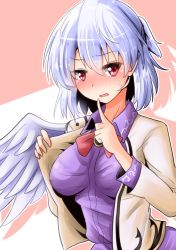 Rule 34 | 1girl, blush, breasts, breasts apart, brooch, collared shirt, feathered wings, finger to mouth, full-face blush, highres, jacket, jewelry, kishin sagume, large breasts, long sleeves, looking at viewer, no bra, open mouth, oshiaki, purple shirt, red eyes, shirt, short hair, shushing, silver hair, single wing, solo, sweat, sweatdrop, touhou, upper body, wavy mouth, white jacket, wings