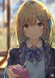 Rule 34 | 1girl, bendy straw, black jacket, blazer, blonde hair, blue bow, blue ribbon, blue sweater, blurry, blurry background, blush, bow, brown eyes, closed mouth, collared shirt, commentary request, depth of field, dress shirt, drinking straw, hair between eyes, hair ornament, hair ribbon, highres, holding, jacket, juice box, long hair, looking at viewer, miko fly, open clothes, open jacket, original, plaid, plaid bow, ribbon, school uniform, shirt, signature, smile, solo, sweater, upper body, v-neck, white shirt, x hair ornament