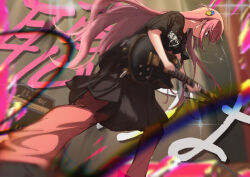 Rule 34 | 1girl, absurdres, black shirt, black skirt, blue eyes, blurry, blurry background, bocchi the rock!, commentary request, cube hair ornament, depth of field, electric guitar, feet out of frame, floating hair, foreshortening, from side, gotoh hitori, guitar, hair ornament, highres, holding, holding instrument, holding plectrum, indoors, instrument, jacket, kootee-on, leaning forward, long hair, looking down, miniskirt, motion blur, music, one side up, pants, pink hair, pink jacket, pink pants, playing instrument, pleated skirt, plectrum, profile, serious, shirt, short sleeves, skirt, solo, sound effects, standing, track jacket, very long hair