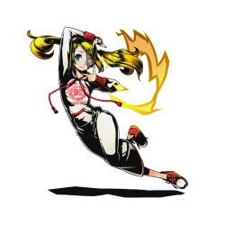 Rule 34 | 10s, 1girl, arm up, blonde hair, blue eyes, carneades (divine gate), divine gate, eyepatch, full body, long hair, looking at viewer, official art, red footwear, shadow, shoes, solo, transparent background, twintails, ucmm