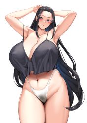 Rule 34 | 1girl, absurdres, armpits, arms up, black hair, blue eyes, blush, breasts, collarbone, cowboy shot, female pubic hair, hakai shin, highres, huge breasts, long hair, looking at viewer, navel, nipples, original, pubic hair, simple background, solo, stomach, very long hair, white background