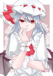 Rule 34 | 1girl, adapted costume, alternate hair length, alternate hairstyle, ascot, bat wings, floral background, grey hair, highres, long hair, looking at viewer, miyangoroge, pointy ears, puffy short sleeves, puffy sleeves, red ascot, red eyes, remilia scarlet, ribbon-trimmed headwear, ribbon trim, short sleeves, solo, touhou, white headwear, wings, wrist cuffs