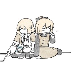 Rule 34 | 2girls, arm warmers, bad id, bad pixiv id, black footwear, blonde hair, book, bow, braid, brown dress, closed eyes, dress, facing away, finger to face, french braid, hair bow, hand on lap, kurodani yamame, long sleeves, lowres, mizuhashi parsee, multiple girls, open clothes, open shirt, parted lips, pointy ears, ponytail, sabakan (iizuka48), scarf, seiza, shirt, shoes, short sleeves, side-by-side, simple background, sitting, skirt, smile, touhou, turtleneck, white background, yokozuwari
