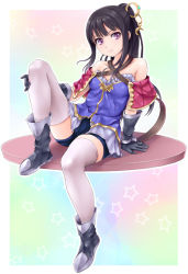 Rule 34 | 1girl, arm support, atelier (series), atelier meruru, atelier totori, bare shoulders, black hair, boots, breasts, female focus, gloves, hair ornament, lambda (kusowarota), leaning back, long hair, looking at viewer, mimi houllier von schwarzlang, purple eyes, short shorts, shorts, sidelocks, sitting, small breasts, solo, thighhighs, white thighhighs