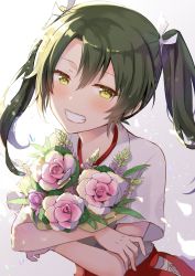 Rule 34 | 1girl, anbutter siruko, blush, commentary, crossed arms, flower, gradient background, green hair, grin, hair between eyes, hair ribbon, hakama, hakama short skirt, hakama skirt, head tilt, hip vent, holding, holding flower, japanese clothes, kantai collection, leaning forward, looking at viewer, pink flower, pink rose, ribbon, rose, shirt, short hair, short sleeves, sidelighting, simple background, skirt, smile, solo, standing, two side up, upper body, white background, white shirt, yellow eyes, zuikaku (kancolle)
