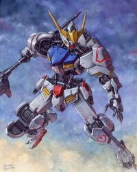 Rule 34 | artist name, commentary, english commentary, green eyes, gundam, gundam barbatos, gundam tekketsu no orphans, hector trunnec, highres, holding, holding mace, holding weapon, legs apart, looking to the side, mace, machinery, mecha, mecha focus, mobile suit, no humans, open hand, outstretched arms, painting (medium), piston, robot, science fiction, solo, traditional media, v-fin, watercolor (medium), weapon
