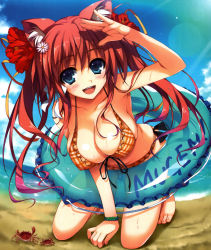 Rule 34 | 1girl, :d, absurdres, animal ears, arm support, bad id, bad yandere id, bare shoulders, barefoot, bikini, blue eyes, blue sky, blush, bracelet, breasts, cat ears, cleavage, covered erect nipples, crab, day, feet, fisheye, flower, frilled bikini, frills, front-tie top, hair flower, hair ornament, hairclip, hibiscus, highres, innertube, jewelry, kneeling, large breasts, long hair, looking at viewer, open mouth, pink hair, plaid, salute, sky, smile, solo, strap gap, swim ring, swimsuit, toes, tomose shunsaku, twintails