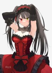 Rule 34 | 1girl, armpits, artist name, artist request, breasts, date a live, date a live: date a bullet, dress, gothic lolita, heterochromia, lolita fashion, medium breasts, red dress, red eyes, tokisaki kurumi, twintails, yellow eyes