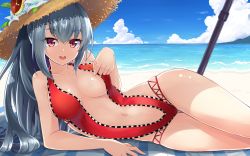 Rule 34 | 1girl, bare shoulders, beach, blush, breasts, cleavage, cloud, cowboy shot, day, female focus, hat, highres, kazami chiu, large breasts, long hair, looking at viewer, lying, navel, ocean, on side, one-piece swimsuit, open mouth, outdoors, puzzle &amp; dragons, red eyes, red one-piece swimsuit, shade, silver hair, sky, slingshot swimsuit, smile, solo, straw hat, sun hat, swimsuit, urd (p&amp;d), very long hair, water