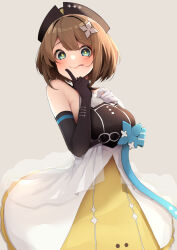 Rule 34 | + +, 1girl, aogiri koukou, bare shoulders, black gloves, black headwear, blue bow, blue eyes, blush, bow, breasts, brown hair, closed mouth, commentary request, elbow gloves, gloves, grey background, hands up, kurikoma komaru, looking at viewer, medium breasts, minato yu, revision, simple background, skirt, solo, striped, striped bow, tongue, tongue out, virtual youtuber, white gloves, yellow skirt