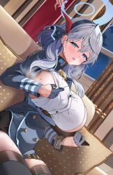 Rule 34 | 1girl, ako (blue archive), bell, black gloves, black hairband, black skirt, black thighhighs, blue archive, blue eyes, blue halo, blush, breasts, buttons, dutch angle, gloves, grey hair, hair between eyes, hairband, half gloves, halo, highres, huge breasts, indoors, long hair, naseul 777, neck bell, open mouth, shirt, sideboob, skirt, solo, thighhighs, white shirt