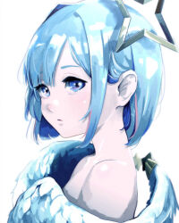 Rule 34 | 1girl, absurdres, amane kanata, angel wings, araki rakka, bare shoulders, blue eyes, blue hair, expressionless, feathered wings, highres, hololive, looking at viewer, portrait, shadow, short hair, simple background, solo, virtual youtuber, white background, white wings, wings