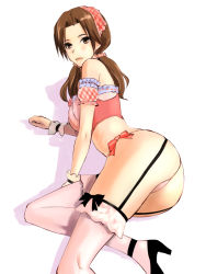 Rule 34 | 1girl, anklet, arm support, armband, armlet, ass, bad id, bad pixiv id, bare shoulders, bend, bow, bow panties, breasts, brown eyes, brown hair, closed mouth, garter belt, garter straps, jewelry, leg lift, long hair, looking at viewer, looking back, lying, on side, panties, pink panties, side-tie panties, simple background, solo, takano masayuki, thighhighs, twintails, underwear, white background