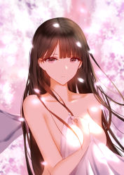 Rule 34 | 1girl, absurdres, an yasuri, blurry, blurry background, breasts, brown eyes, brown hair, closed mouth, collarbone, commentary request, depth of field, hand up, highres, holding, holding towel, large breasts, long hair, looking at viewer, motion blur, nude, original, petals, solo, towel, upper body, very long hair