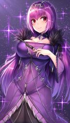 Rule 34 | 1girl, blush, breasts, cleavage, closed mouth, collarbone, covered navel, detached collar, dress, fate/grand order, fate (series), fur trim, hair between eyes, highres, hip focus, jewelry, large breasts, long hair, looking at viewer, nano (syoutamho), pantyhose, purple dress, purple hair, red eyes, scathach (fate), scathach skadi (fate), smile, solo, sparkle, thighs, tiara, wand