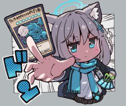 Rule 34 | 1girl, :&lt;, animal ear fluff, animal ears, doodle sensei (blue archive), blue-eyes white dragon, blue archive, blue eyes, blush, card, chibi, closed mouth, cropped legs, cross hair ornament, es (eisis), fake animal ears, gloves, green gloves, grey hair, hair ornament, halo, highres, holding, holding card, id card, jacket, long sleeves, looking at viewer, mismatched pupils, parody, pleated skirt, scarf, school uniform, sensei (blue archive), shiroko (blue archive), shirt, single glove, skirt, solo, sparkle, white shirt, wolf ears, yu-gi-oh!