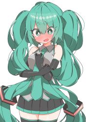 Rule 34 | 1girl, absurdly long hair, absurdres, black gloves, black skirt, blue eyes, blue hair, blue necktie, blush, elbow gloves, full-face blush, gloves, grey shirt, hatsune miku, highres, long hair, looking at viewer, necktie, open mouth, pleated skirt, shirt, simple background, skirt, sleeveless, sleeveless shirt, solo, twintails, uruti 2388, very long hair, vocaloid, white background