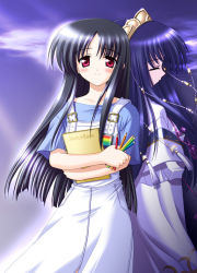 Rule 34 | back-to-back, black hair, blush, buckle, color pencil, colored pencil, dress, dual persona, closed eyes, hair ornament, japanese clothes, kishi nisen, long hair, makino nanami, miko, notebook, overalls, pencil, red eyes, sketchbook, smile, suigetsu, wooden pencil