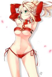 Rule 34 | 1girl, armpits, arms up, bandeau, blonde hair, breasts, closed mouth, detached sleeves, expressionless, fate/apocrypha, fate (series), gluteal fold, green eyes, hair between eyes, looking away, manyako (mohumohu), medium breasts, midriff, mordred (fate), mordred (fate/apocrypha), navel, panties, petals, ponytail, red panties, side-tie panties, simple background, solo, strapless, tube top, underboob, underwear, white background