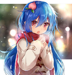 Rule 34 | 1girl, :o, blue hair, blurry, bokeh, breath, coat, commentary request, depth of field, efe, enpera, food, fruit, hair between eyes, hair ornament, hinanawi tenshi, interlocked fingers, long sleeves, looking at viewer, open mouth, outside border, peach, red eyes, red scarf, scarf, solo, touhou, w arms
