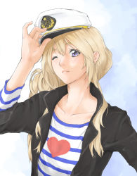 Rule 34 | 1girl, blonde hair, blue eyes, face, hat, k-on!, kotobuki tsumugi, lips, listen!!, looking at viewer, one eye closed, peaked cap, sailor, sailor hat, solo, wink, yamaishi (mukoubuti)