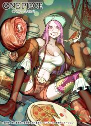 Rule 34 | 1girl, blush, boned meat, breasts, cleavage, eating, empty bottle, empty plate, food, hat, highres, holding, holding food, holding pizza, jewelry bonney, lipstick, long hair, makeup, meat, navel, official art, one piece, pie, piercing, pink hair, pizza, purple eyes, shorts, smile, solo, spread legs, sunohara (encount), suspenders, teeth, thighhighs