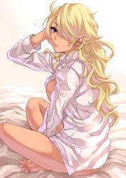 Rule 34 | 1girl, amaryllis gumi, bed sheet, blonde hair, breasts, closed mouth, commentary request, dark-skinned female, dark skin, earrings, fang, gradient background, gyaru, highres, jewelry, large breasts, long hair, looking at viewer, messy hair, on bed, ouga saki, oversized clothes, oversized shirt, shashaki, shirt, sitting, solo, star (symbol), star earrings, virtual youtuber