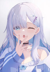 Rule 34 | 1girl, black choker, blue eyes, blue hair, blue jacket, breasts, choker, cleavage, colored inner hair, commentary request, grey hair, hair ornament, hand up, highres, jacket, kaga sumire, long hair, looking at viewer, medium breasts, multicolored hair, off shoulder, one eye closed, open mouth, shinshia (sinsia 0928), shirt, simple background, solo, streaked hair, upper body, virtual youtuber, vspo!, white background, white shirt, yawning