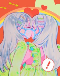 Rule 34 | !, 2girls, absurdres, blue eyes, blue hair, frills, hair ornament, hairclip, heart, highres, kiss, kissing cheek, light blue hair, long hair, long sleeves, mask, mouth mask, multiple girls, original, rainbow, red background, sottan (wowo0owow), spoken exclamation mark, surprised, upper body, wide-eyed, yuri