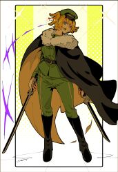Rule 34 | 1girl, @ @, absurdres, belt, black belt, black cape, black footwear, blonde hair, boots, cape, daiba nana, dual wielding, erna izrn, full body, fur-trimmed cape, fur trim, green eyes, green hat, green jacket, green pants, hat, highres, holding, holding sword, holding weapon, jacket, katana, knee boots, looking at viewer, military hat, military uniform, official alternate costume, open mouth, pants, short hair, shoujo kageki revue starlight, solo, sword, two side up, uniform, weapon