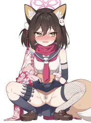 Rule 34 | 1girl, anba kohaku, animal ear fluff, animal ears, bar censor, black gloves, black pubic hair, black sailor collar, black skirt, black socks, blue archive, blush, brown footwear, brown hair, censored, cleft of venus, clothes lift, female pubic hair, fishnet thighhighs, fishnets, floral print, fox ears, fox girl, fox hair ornament, fox tail, gloves, halo, highres, izuna (blue archive), japanese clothes, kimono, kunai, lifting own clothes, loafers, looking to the side, neckerchief, open mouth, pink kimono, print kimono, pubic hair, red neckerchief, red scarf, sailor collar, scarf, shoes, short hair, simple background, single sock, single thighhigh, skirt, skirt lift, smile, socks, solo, squatting, tail, thighhighs, weapon, white background, yellow eyes