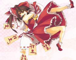 Rule 34 | 1girl, ascot, bad id, bad pixiv id, bow, brown eyes, brown hair, detached sleeves, female focus, hair bow, hakurei reimu, japanese clothes, komura, miko, ofuda, open mouth, petticoat, red eyes, ribbon, skirt, solo, touhou, white background