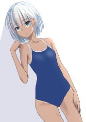 Rule 34 | 1girl, absurdres, blue eyes, blue one-piece swimsuit, blunt bangs, bob cut, collarbone, commentary request, competition school swimsuit, dark-skinned female, dark skin, female focus, flat chest, hand on own thigh, highres, looking at viewer, one-piece swimsuit, original, sarujie (broken monky), school swimsuit, short hair, silver hair, simple background, solo, swimsuit, white background, wide hips