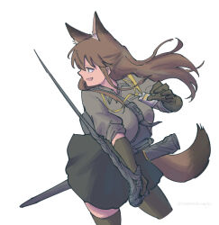 Rule 34 | 1girl, animal ear fluff, animal ears, arknights, black gloves, black skirt, black thighhighs, brown eyes, brown hair, brown tail, collared shirt, commentary, cowboy shot, elbow gloves, fox ears, fox girl, fox tail, franka (arknights), gloves, grey shirt, haruichi (sazanami complex), holding, holding sword, holding weapon, lanyard, long hair, looking ahead, open mouth, profile, scabbard, sheath, shirt, sideways mouth, simple background, skirt, sleeves pushed up, smile, solo, split, strap, sword, symbol-only commentary, tail, thighhighs, twitter username, unsheathed, weapon, white background