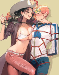 Rule 34 | 1boy, 1girl, alvida (one piece), arms behind back, belt, bikini, bikini top only, black eyes, black hair, blue neckwear, blue pants, blush, bound, bound wrists, breast press, breasts, brown eyes, chain, chain leash, coat, koby (one piece), collar, commentary, english commentary, hat, hetero, high collar, jacket, jewelry, large breasts, leash, leash pull, long hair, necklace, nose blush, one piece, open mouth, pants, pink hair, red coat, red pants, red rope, rope, runa (nori31291404), shadow, shibari, shibari over clothes, simple background, sweat, swimsuit