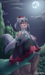 Rule 34 | 1girl, animal ears, awooo, barefoot, blouse, bmkro, cliff, cloud, detached sleeves, closed eyes, full moon, hair between eyes, hat, highres, holding, holding sword, holding weapon, inubashiri momiji, leaf, maple leaf, moon, multicolored clothes, multicolored skirt, night, night sky, open mouth, pom pom (clothes), red skirt, shield, shirt, short hair, skirt, sky, sleeveless, sleeveless shirt, solo, standing, sword, tail, tokin hat, touhou, turtleneck, weapon, white hair, white shirt, wolf ears, wolf tail, xo
